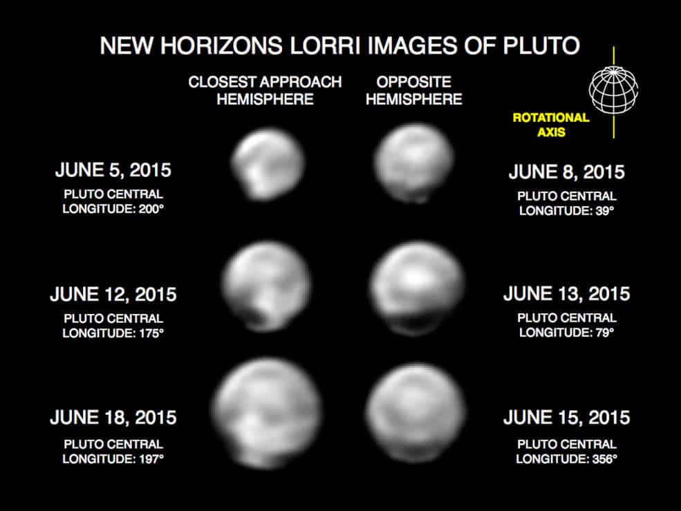 Ces images, prises avec le <em>Long Range Reconnaissance Imager</em> (Lorri) de New Horizons, présentent de nombreuses caractéristiques à grande échelle sur la surface de Pluton. Ces clichés ont été traités à l’aide d’une méthode appelée déconvolution afin d’obtenir des détails plus précis de la surface de Pluton. En contrepartie, elle déforme la planète naine qui semble ne plus être sphérique. © Nasa, <em>Johns Hopkins University Applied Physics Laboratory, Southwest Research Institute</em>