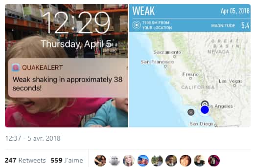 Juste après le séisme, une utilisatrice de QuakeAlert a partagé une capture d’écran de son smartphone sur Twitter. L'application lui fournit diverses informations sur le séisme : la magnitude, l'épicentre, la puissance des secousses, etc. © Twitter