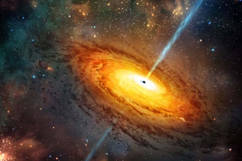 Une vue d'artiste d'un trou noir en train de grandir avec son disque d'accrétion. Les trous noirs supermassifs sont peut-être nés de l'effondrement de certaines des toutes premières étoiles, celles qui étaient supermassives, il y a plus de 13,5 milliards d'années. © Casey Reed, <em>University of Toronto</em>
