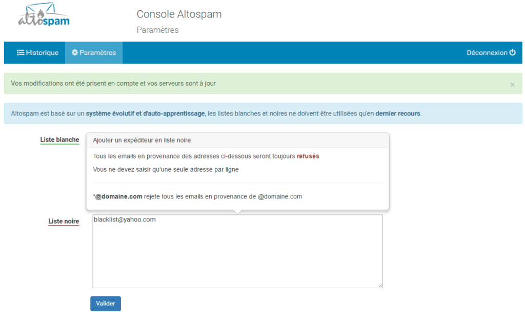 La création d'une liste noire permet d'éliminer toutes les adresses en provenance d'un même domaine. © Altospam