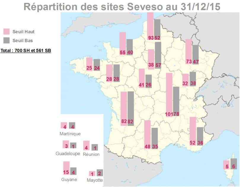 En France, les sites classés Seveso se répartissent de manière inégale. © Ministère de la Transition écologique et solidaire