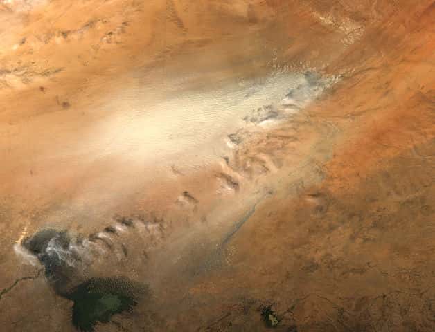 Une tempête de sable partie de la dépression du Bodélé (en haut à droite). Le lac Tchad est visible en bas à gauche. © Nasa, Wikimedia Commons, domaine public