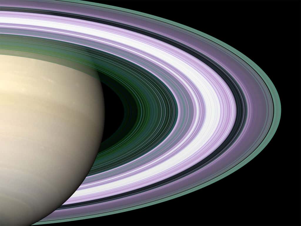 Les anneaux de Saturne en fausses couleurs. Chaque couleur renseigne sur la taille des particules qui les composent. La couleur pourpre indique des régions où il y a un manque de particules de taille inférieure à 5 centimètres, tandis que les nuances de vert et de bleu indiquent des régions où il y a des particules inférieures à 5 centimètres, voire 1 centimètre. © Nasa, JPL