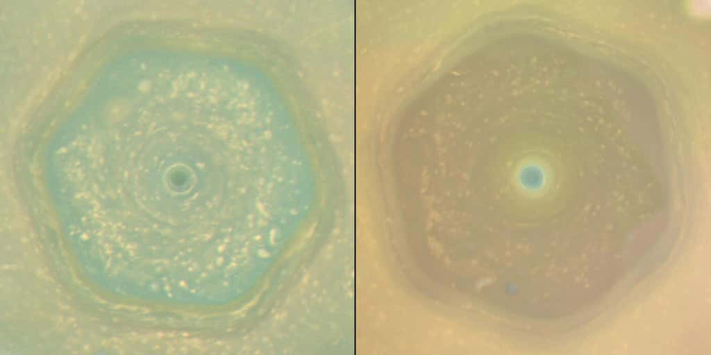 L'hexagone de Saturne. Ces deux images ont été acquises à des saisons différentes, ce qui explique les changements de couleur. © Nasa, JPL-Caltech, <em>Space Science Institute</em>