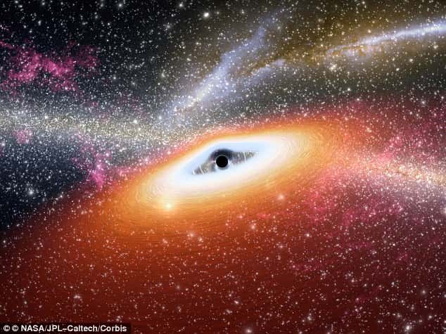 Illustration d'artiste d’un trou noir supermassif et de son disque d’accrétion. L’un des plus massifs connu (21 milliards de masses solaires) est tapi au centre de la galaxie supergéante NGC 4889. © Nasa, JPL-Caltech, Corbis