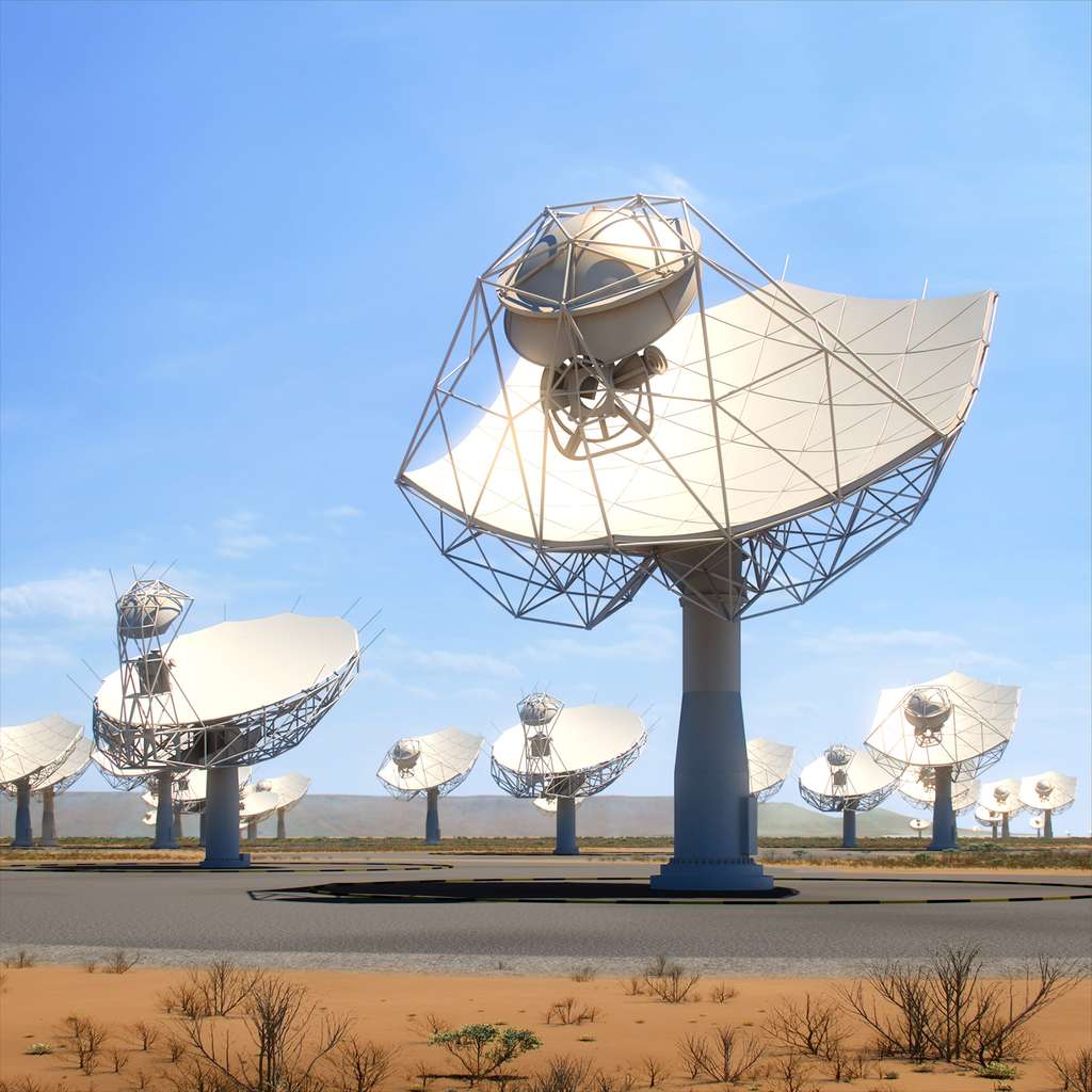 Un des deux champs d'antennes du SKA. À l'image, une partie des 200 paraboles de 15 mètres qui seront installées dans le désert du Karoo en Afrique du Sud. L'autre champ se situera en Australie. © SKA