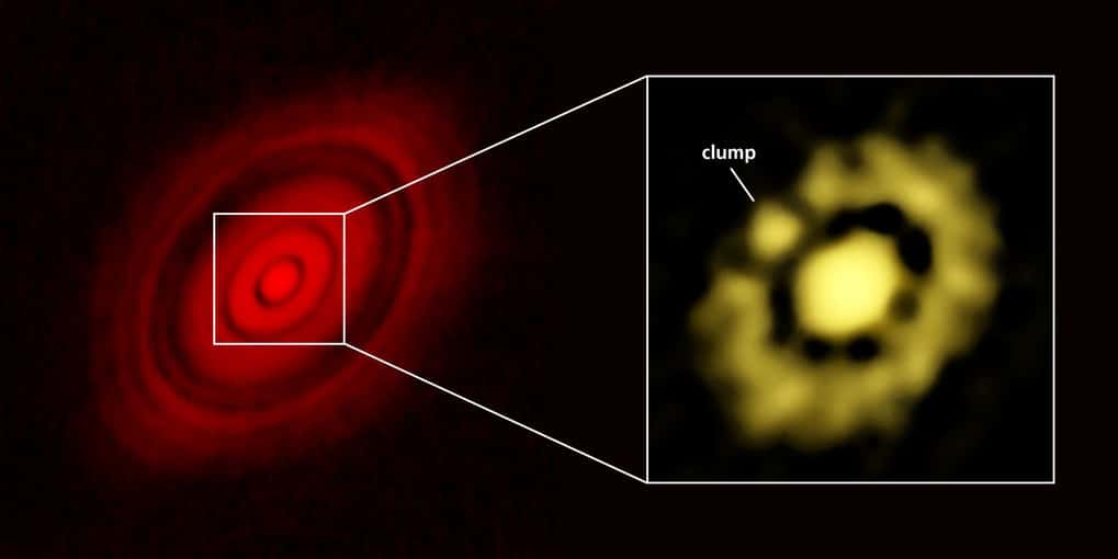 À gauche : le disque protoplanétaire de HL Tauri observé avec Alma (fin 2014). À droite : région centrale observée cette fois avec le VLA. Dans l’anneau grumeleux, on distingue un agrégat de matière (<em>clump</em>) qui semble se détacher. Sa masse est estimée entre 3 et 8 fois celle de la Terre. Une superterre est peut-être en train de se former. © Carrasco-Gonzalez <em>et al.</em>, Bill Saxton, NRAO, AUI, NSF
