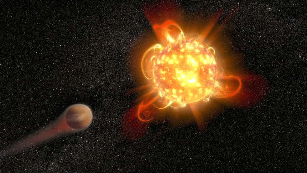 Représentation de « superflares », énormes éruptions solaires émises d'une naine rouge. © Nasa, ESA, D. Player