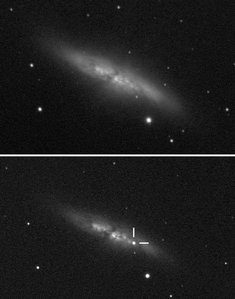 Ces deux photographies de la galaxie du Cigare, M82, ont été prises avant et après l’apparition de la supernova SN 2014J. Celle-ci est bien visible sur l’image du bas. © UCL, observatoire de l’université de Londres, Steve Fossey, Ben Cooke, Guy Pollack, Matthew Wilde, Thomas Wright
