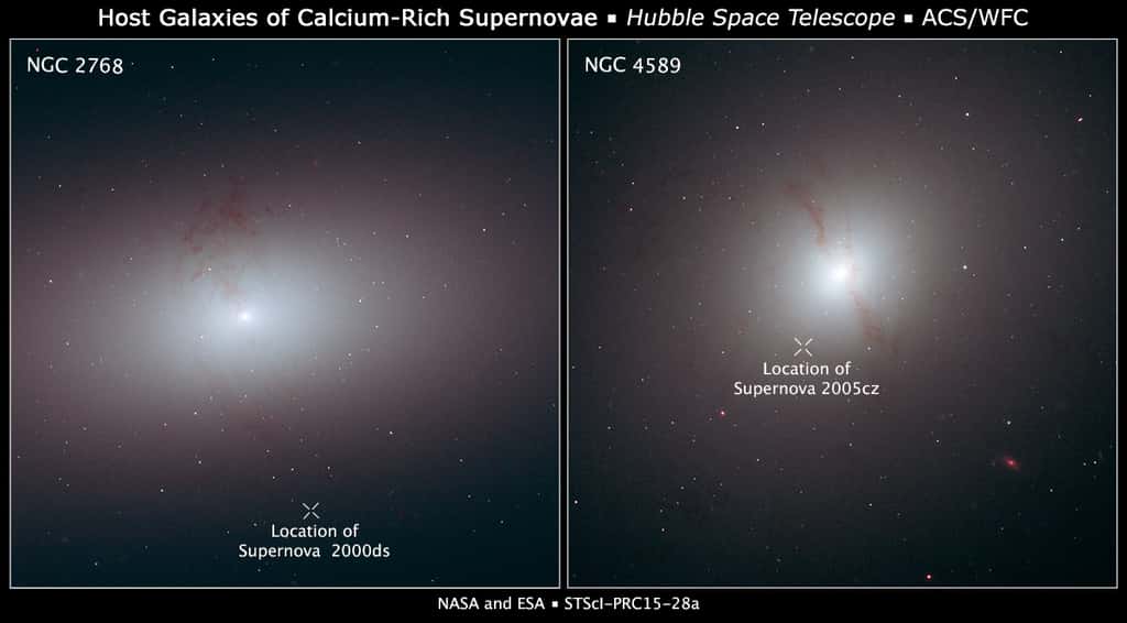 Ces images du télescope spatial Hubble montrent des galaxies elliptiques avec des supernovae riches en calcium. SN 2000D (à gauche) est située à au moins 12.000 années-lumière de sa galaxie, NGC 2768. Quant à SN 2005cz (à droite), elle est à au moins 7.000 années-lumière de sa galaxie, NGC 4589. NGC 2768 se trouve à 75 millions d'années-lumière de la Voie lactée, et NGC 4589 à 108 millions d'années-lumière. © Nasa, Esa, and P. Jeffries and A. Feild (STScI)
