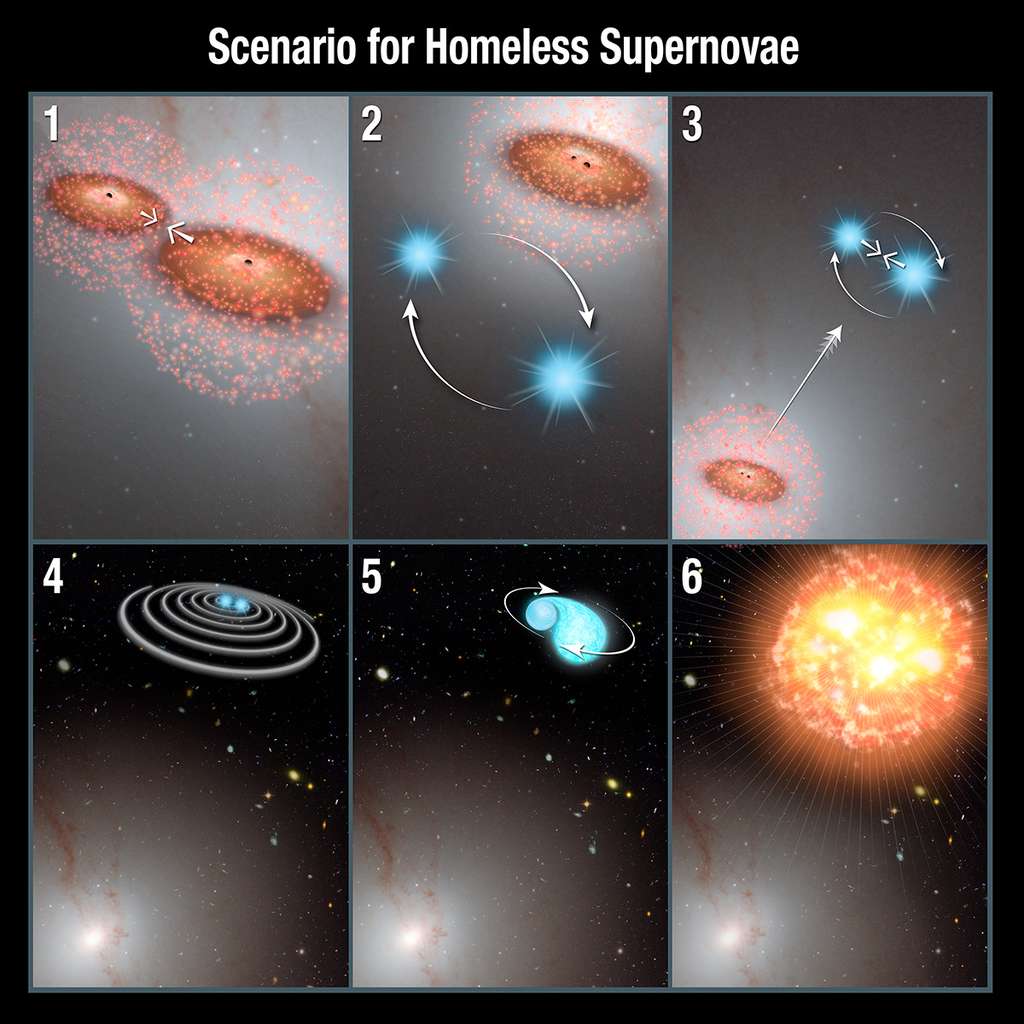 Ce schéma représente le modèle explicatif proposé pour rendre compte de l'existence des supernovae extragalactiques riches en calcium. Il fait intervenir des collisions de galaxies contenant des trous noirs supermassifs en leur centre (1). Une étoile double composée de deux naines blanches est alors éjectée (3) avant de produire la supernovae en question (6). Toutes les explications dans le texte ci-dessous. © Nasa, Esa, P. Jeffries, A. Feild (STScI)