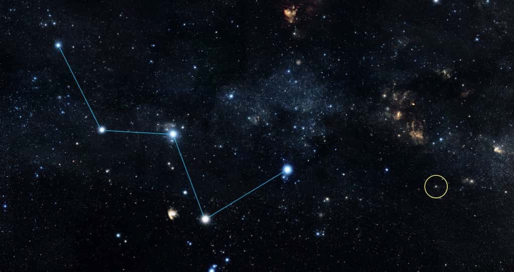 La constellation de Cassiopée, avec son W, est facilement repérable sur la voûte céleste. L'étoile HD219134, encore appelée Gliese 892, est visible à l'œil nu dans le cercle à droite. © Unige