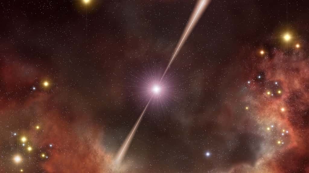 Une vue d’artiste du sursaut gamma GRB 080319B détecté par le satellite Swift, le 19 mars 2008. L’explosion était visible à l’œil nu et correspondait à un sursaut gamma long survenu, il y a environ 7,5 milliards d’années. © Eso