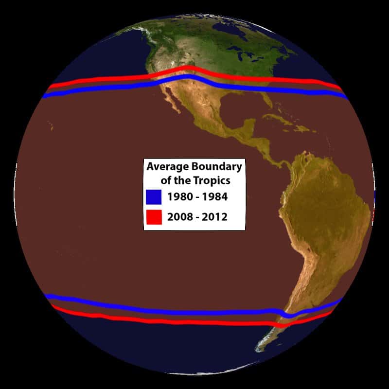 Évolution de la région des tropiques entre 1980-1984 (en bleu) et 2008-2012 (en rouge) © NOAA