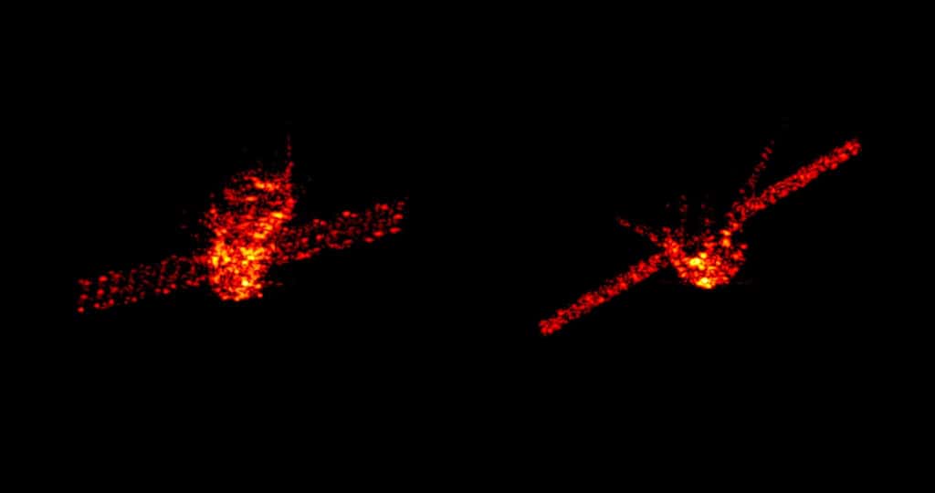 Le module chinois Tiangong-1, alors à 270 kilomètres d'altitude, quelques jours avant sa rentrée dans l'atmosphère terrestre. Ces images radar ont été acquises par un système de surveillance et d'imagerie radar allemand opéré par l'Institut Fraunhofer FHR, basé à Wachtberg, en Allemagne. © Fraunhofer FHR.