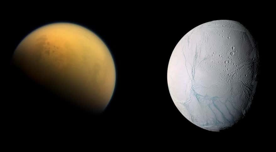 Titan et Encelade. © Nasa, JPL-Caltech, Space Science Institute