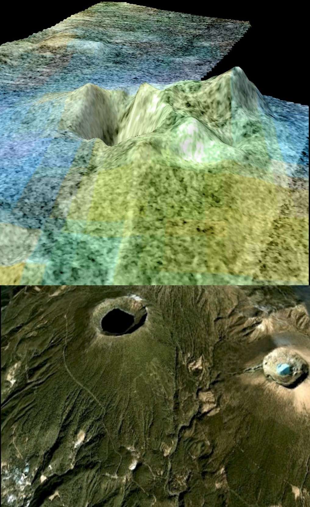 On pense depuis quelques années que Sotra Patera (en haut sur ces images), sur Titan, est un cryovolcan. Presque circulaire et mesurant environ 65 km de diamètre, il possède deux pics d'environ 1.000 et 1.500 m. Les planétologues le comparent parfois au volcan Kirishima au Japon (image du bas), crachant, lui, des laves silicatées. © Nasa, JPL-Caltech, USGS, <em>University of Arizona</em>