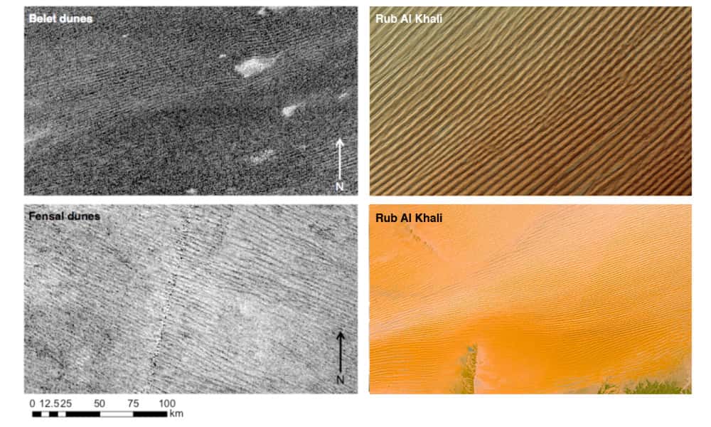 Différents champs de dunes découverts sur Titan. © Nasa, JPL-Caltech, ASI, ESA, USGS