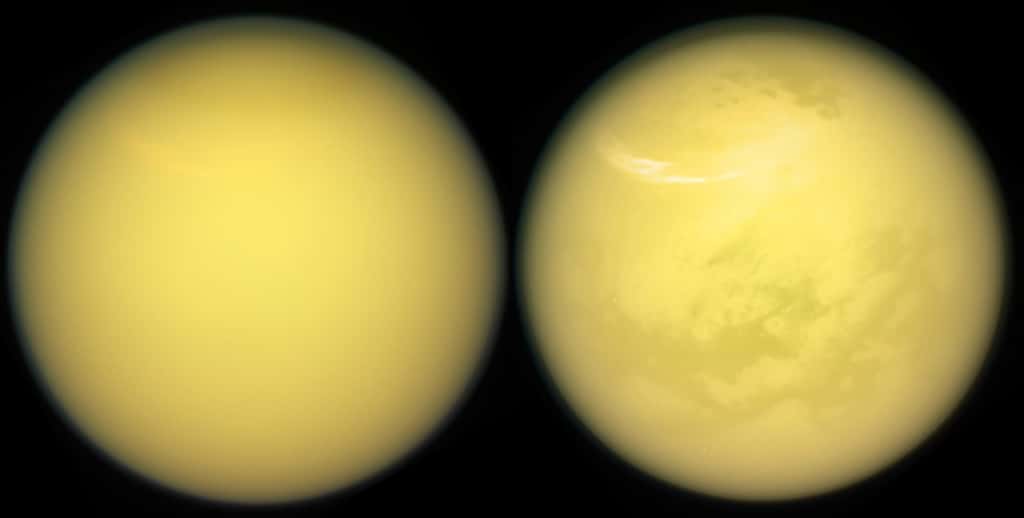 Ces deux vues de Titan illustrent comment la mission Cassini a révélé la surface de ce monde fascinant. Avec son radar et son spectromètre infrarouge, la sonde a été capable de voir à travers l'atmosphère dense de Titan, ce dont n'avaient pas été capables les sondes Voyager. © Nasa, JPL, Caltech, <em>Space Science Institute</em>