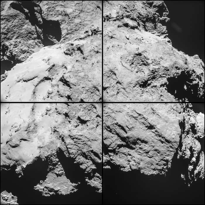 Image mosaïque de la comète 67P/Churyumov-Gerasimenko réalisée le 14 février, à 10 h 32 TU, un peu plus de deux heures avant le survol de Rosetta à seulement 6 km de la surface. La sonde spatiale était alors à 12,6 km du centre du noyau cométaire. La résolution est de 1,1 m/pixel et chacune des mosaïques mesure 1,1 km de côté. L’ensemble nous dévoile une grande partie de l’arrière du grand lobe et, dans le tiers supérieur, le cou et une fraction du petit lobe. © Esa,Rosetta, NavCam – CC BY-SA IGO 3.0