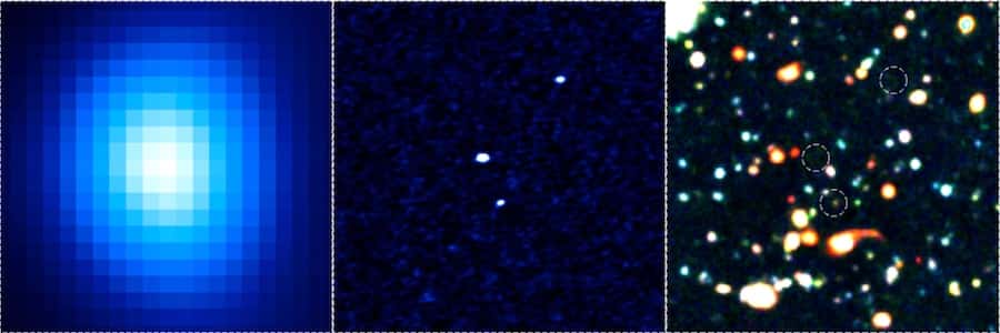 À gauche : une protogalaxie géante observée avec le radiotélescope ASTE de 10 m, au sein de la région SSA22. Au centre : la même région imagée dans les mêmes longueurs d’onde submillimétriques, mais cette fois avec Alma, 10 fois plus sensible et d’une résolution 60 fois supérieure. À droite : le même champ observé dans le visible avec le télescope Subaru. Les protogalaxies « monstrueuses » candidates, obscurcies par la poussière, sont très difficiles à distinguer. © Alma, Eso, NAOJ, NRAO, NAOJ, H. Umehata, <em>The University of Tokyo</em>