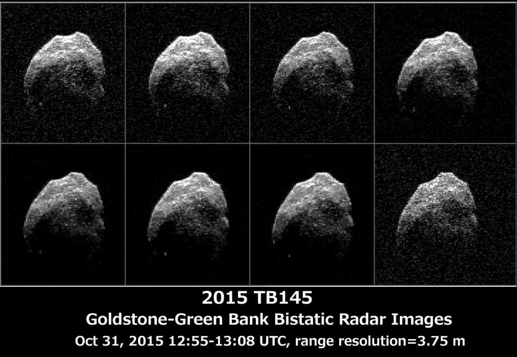 Huit images radar de l’objet 2015 TB145 acquises le 31 octobre 2015 lorsqu’il était entre 710.000 et 690.000 km de la Terre. La surface de ce qui est probablement un noyau cométaire épuisé apparait plus détaillée, montrant ses aspérités et des points plus brillants qui pourraient être des rochers. La résolution est de 3,75 m par pixel. © Nasa, JPL-Caltech, GSSR, NRAO, GB