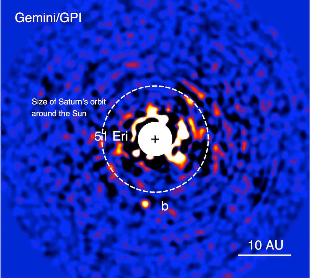L’étoile 51 Eridani et son environnement imagé dans le proche infrarouge avec le nouveau GPI, le 18 décembre 2014. La très jeune étoile a été volontairement gommée afin de mettre en évidence la planète géante (b). © J. Rameau (UdeM), C. Marois (NRC Herzberg)