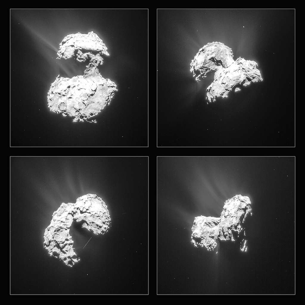 Montage de 4 clichés individuels de la comète 67P/Churyumov-Gerasimenko pris par la caméra de navigation (NavCam) de Rosetta, respectivement (en haut, de gauche à droite), les 25 et 26 février et, en bas, le 27 février. Comme on peut le constater sur ces images volontairement surexposées, l’activité du noyau cométaire est de plus en plus importante. Sans surprise, à un peu plus de 5 mois de son périhélie, les dégazages se multiplient. © Esa, Rosetta, NavCam – CC BY-SA IGO 3.0