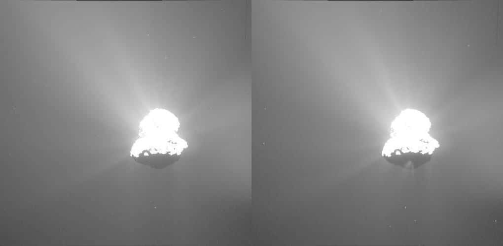 Deux minutes séparent ces deux images de « Tchouri » prises le 12 mars par la caméra grand angle d’Osiris, à 75 kilomètres de distance. Un jet de poussière est brusquement apparu dans la partie nocturne de la comète, près du centre de la région d’Imhotep. (Une version en gif animé est proposée par l'<a href="http://www.esa.int/var/esa/storage/images/esa_multimedia/images/2015/04/comet_jet_awakens/15367074-1-eng-GB/Comet_jet_awakens.gif" title="Comet jet awakens" target="_blank">Esa</a>). © Esa, Rosetta, MPS, UPD, LAM, IAA, SSO, INTA, UPM, DASP, IDA