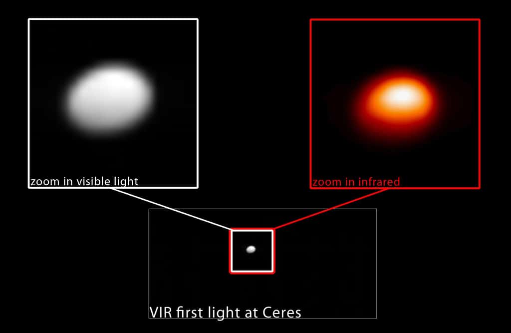 Première lumière pour Vir (<em>Visible and Infrared mapping spectrometer</em>), instrument placé à bord de la sonde Dawn et chargé de cartographier les températures. Sur cette image de Cérès prise le 13 janvier 2015, les régions les plus claires sont les plus chaudes à sa surface. © Nasa, JPL-Caltech, Ucla, ASI, INAF