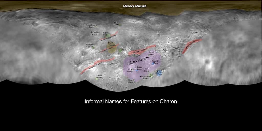 Cartographie de Charon avec les noms de ses reliefs choisis par le public. © Nasa, JHUAPL, SwRI 