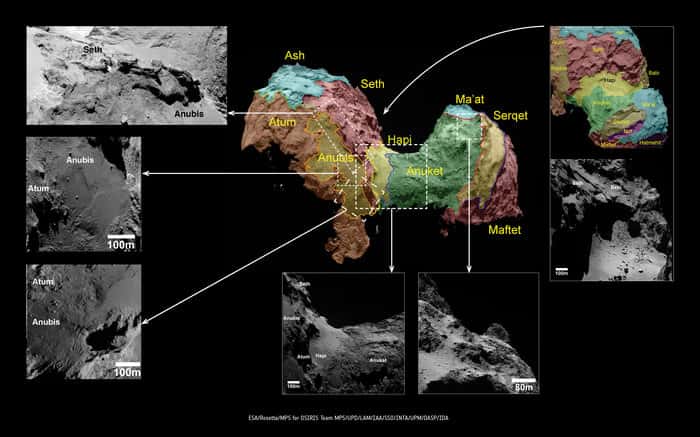 Chaque couleur marque un territoire présentant des caractéristiques géomorphologiques différentes sur le noyau de la comète 67P/Churyumov-Gerasimenko. Le carré en pointillé au centre a été agrandi pour mieux étudier les différentes régions identifiées sur et autour du « cou » (nommé Hapi), qui relie les deux lobes de Tchouri. © Esa, Rosetta, MPS for OSIRIS Team MPS, UPD, LAM, IAA, SSO, INTA, UPM, DASP, IDA