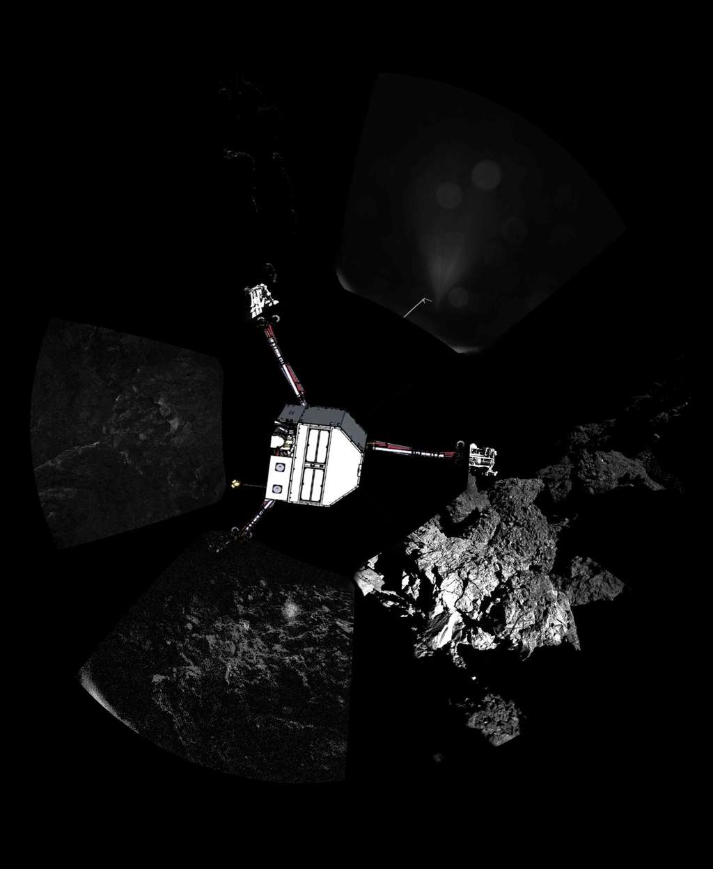 Un dessin de Philae a été superposé à cette vue à 360° du site où il a trouvé refuge le 12 novembre, après son atterrissage plein de rebondissements sur le noyau de la comète Tchouri. L’image a été prise avec l’instrument Civa. © Esa, Rosetta, Philae, Civa