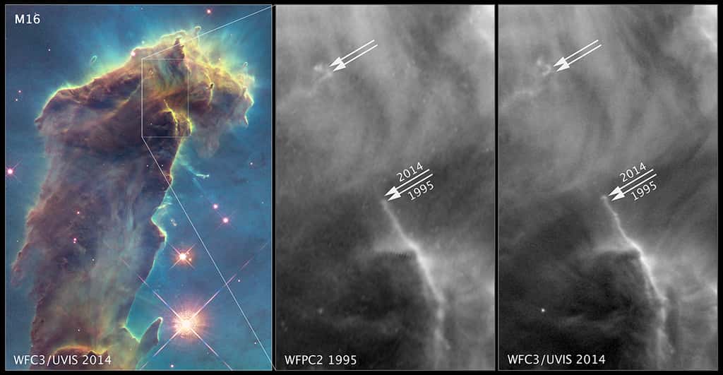 En comparant l’image composite de 2014 avec celle réalisée en 1995, les astronomes ont relevé des changements dans certaines régions comme l’expansion, à plus de 724.000 de km/h, de ces jets de gaz sur environ 9 années-lumière (près de 100.000 milliards de km). © Nasa, Esa, <em>the Hubble Heritage Team</em> (STScI/AURA)