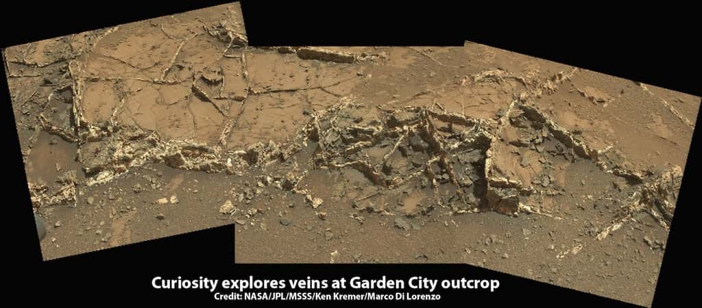 Cet affleurement rocheux traversé de veines de minéraux a été baptisé <em>« Garden City »</em>. Il a été photographié avec la caméra du mât de Curiosity le 15 mars 2015, lors du Sol 926. © Nasa, JPL-Caltech, MSSS, Ken Kremer, Marco Di Lorenzo