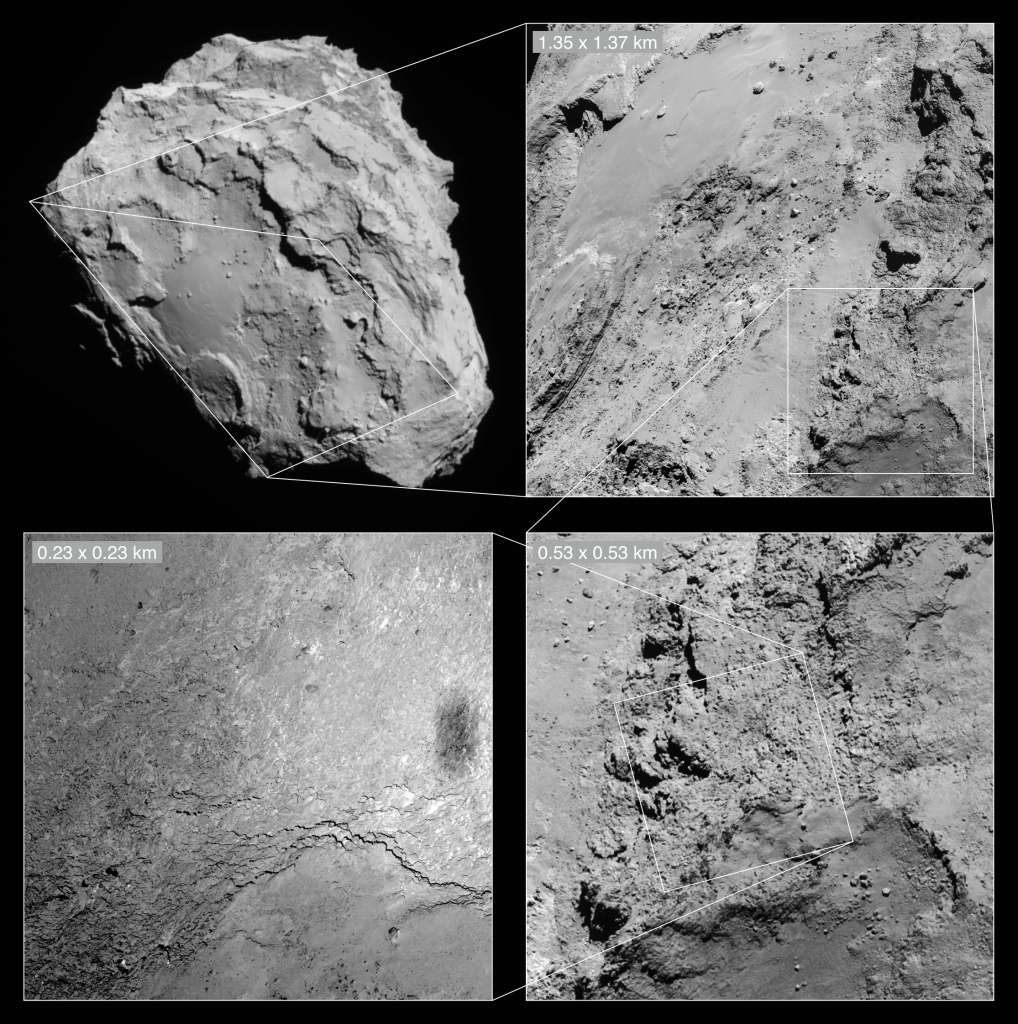 La région photographiée par la caméra Osiris de Rosetta (en bas à droite) est resituée dans son contexte géographique sur les trois autres miniatures acquises également le 14 février par la caméra de navigation (NavCam). Sur la vue d’ensemble de la comète, en haut à gauche, on peut distinguer le « ventre » du grand lobe, une région appelée Imhotep. L’ombre de la sonde spatiale sur la surface de l’astre a été « immortalisée » à la frontière entre cette zone et celle baptisée Ash. © Esa, Rosetta, NavCam, CC by-sa igo 3.0, <em>MPS for Osiris Team</em>, MPS, UPD, Lam, IAA, SSO, Inta, UPM, DASP, Ida