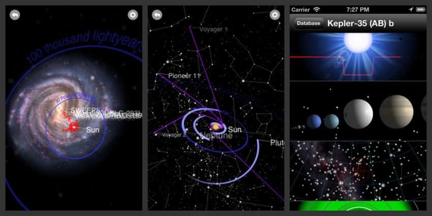 Capture d’écrans de l’app Exoplanet. Découvrez les systèmes extrasolaires qui nous entourent. © Hanno Rein