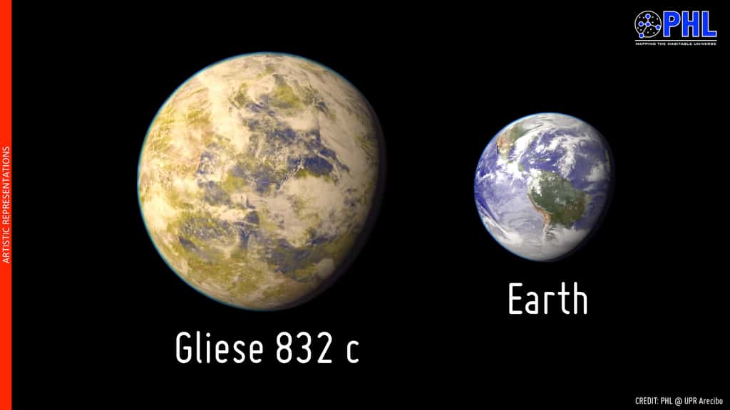 Comparaison de la taille de Gliese 832c, meilleure candidate à l’habitabilité dans notre voisinage galactique, avec la Terre. © UPR Arecibo