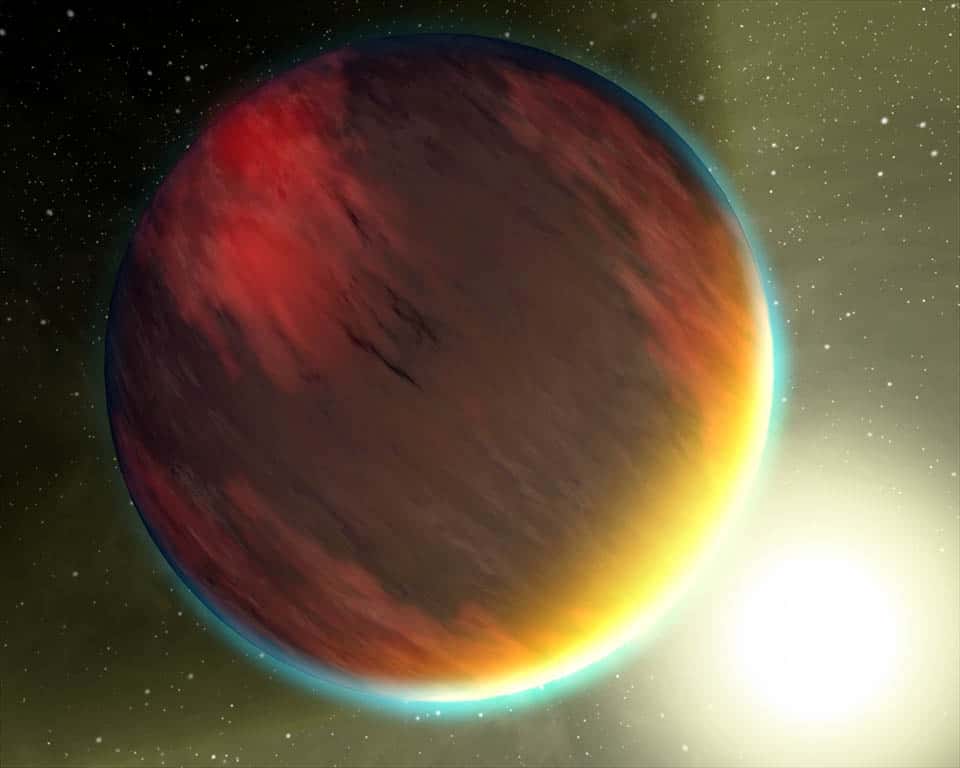 Illustration de HD 209458b, surnommée Osiris, la première exoplanète découverte par transit et une des toutes premières observées directement par spectroscopie. Hubble et Spitzer ont révélé la présence dans son atmosphère de gaz carbonique, de méthane et de vapeur d’eau. Elle gravite en 3,5 jours seulement autour de son étoile. © Nasa, JPL-Caltech, T. Pyle (SSC)