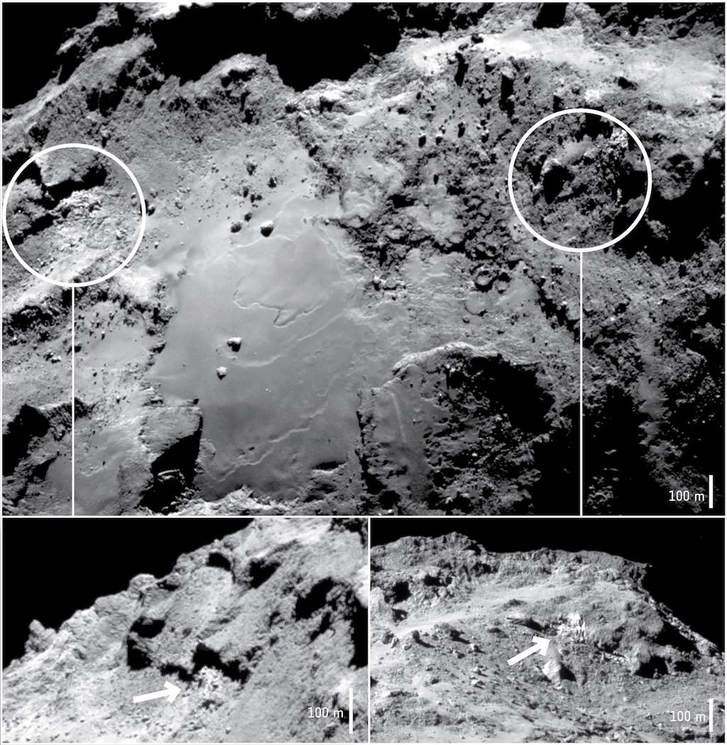Au-dessus : la région d’Imhotep, sur le plus grand des deux lobes du noyau de Tchouri. En dessous à gauche et à droite : détails des reliefs où de l’eau gelée a été observée avec Virtis. Les plaques de glaces sont bien identifiables sur ces images prises dans le visible avec la Navcam de Rosetta les 17 (la plus grande), 20 (en bas à gauche) et 15 septembre 2014 (en bas à droite) entre 28 et 30 km de distance. © Esa, Rosettan, NavCam–CC BY–SA IGO 3.0
