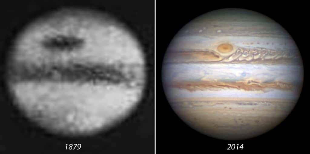 Comparaison de la grande tache rouge de Jupiter photographiée en 1879 et en 2014. © Damian Peach