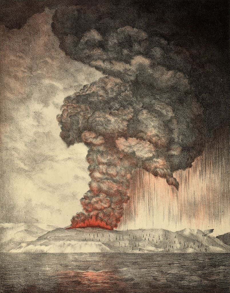 Lithographie de 1888 montrant la terrible explosion du volcan indonésien Krakatoa le 27 août 1883. © Parker & Coward