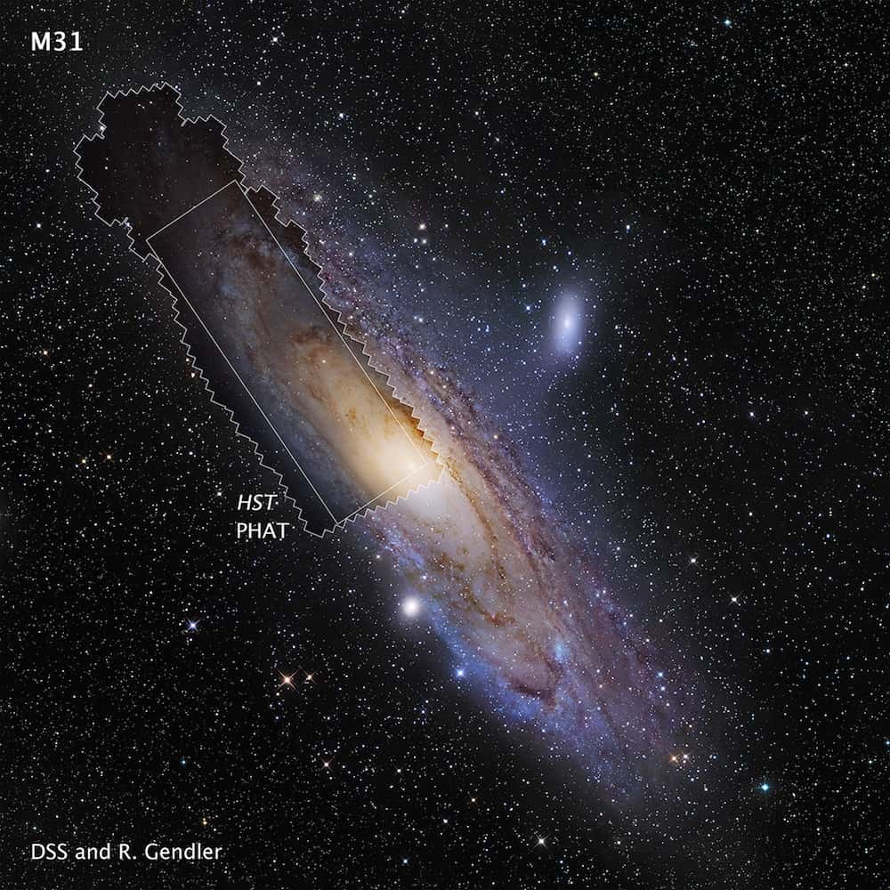 Image composite de la galaxie d’Andromède (M31). Les deux versions (cadrée et non cadrée) de la mosaïque obtenues avec Hubble sont superposées au très beau portrait d’une grande partie de la galaxie spirale. Celui-ci conjugue les données acquises par le <em>Digitized Sky Survey</em> (DSS) et celles de l’astrophotographe Robert Gendler. © Nasa, Esa, J. Dalcanton, B. F. Williams, L.C. Johnson (<em>University of Washington</em>), <em>the PHAT team</em>, R. Gendler