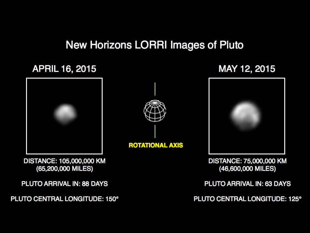 Comparaison des images de Pluton prises par New Horizons, entre le 8 et le 12 mai (à droite) et celles obtenues un mois plus tôt, à la mi-avril (à gauche). Entre temps, la sonde spatiale s’est rapprochée de plus de 30 millions de kilomètres. © Nasa, JHUAPL