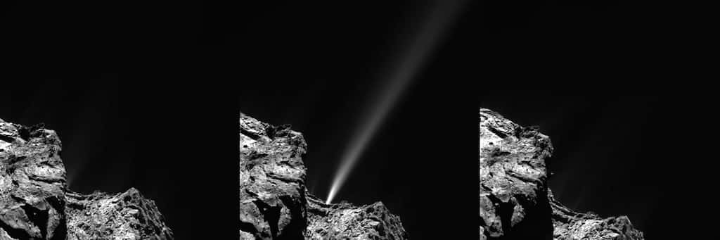 Rosetta fut le témoin d’une intense et brève éruption de gaz et de poussières le 29 juillet 2015. Il n’y a rien sur la première image d’Osiris, à gauche, mais 18 mn plus tard un jet plus lumineux que la comète fut visible. Sur la dernière image, 18 mn après, le phénomène avait disparu ! La sonde était alors à 186 km du centre du noyau. © Esa, Rosetta, <em>MPS for Osiris Team MPS</em>, UPD, LAM, IAA, SSO, INTA, UPM, DASP, IDA