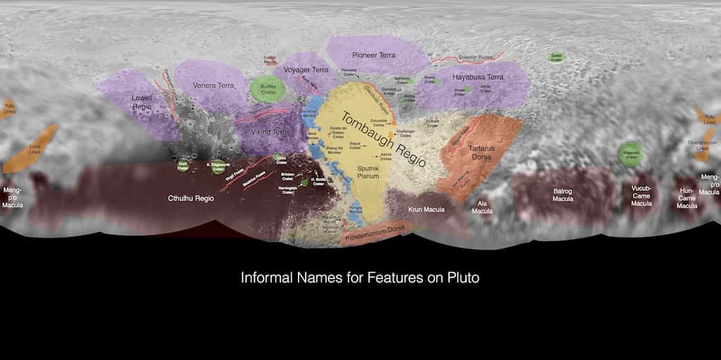 Vue d’ensemble de Pluton. Les noms choisis par le public ont été superposés à la carte (cliquez sur l'image pour l'agrandir). © Nasa, JHUAPL, SwRI