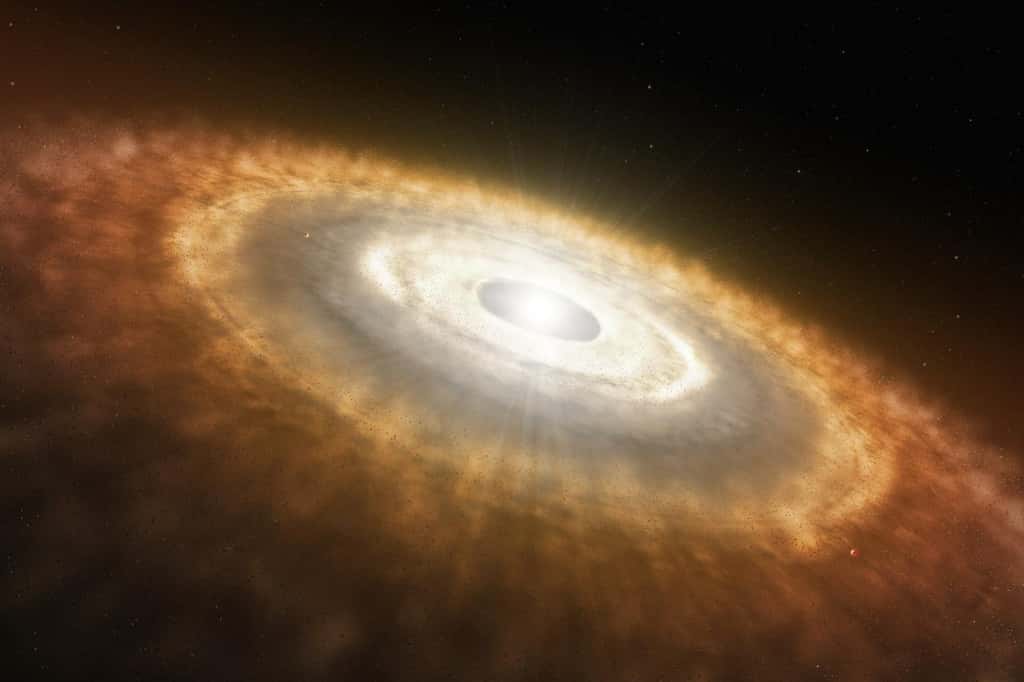 Illustration d’un disque protoplanètaire. Des embryons de planètes émergent du flot de gaz et de la poussière qui entourent une jeune étoile. Prélude d’un système planétaire. Eso, L. Calçada