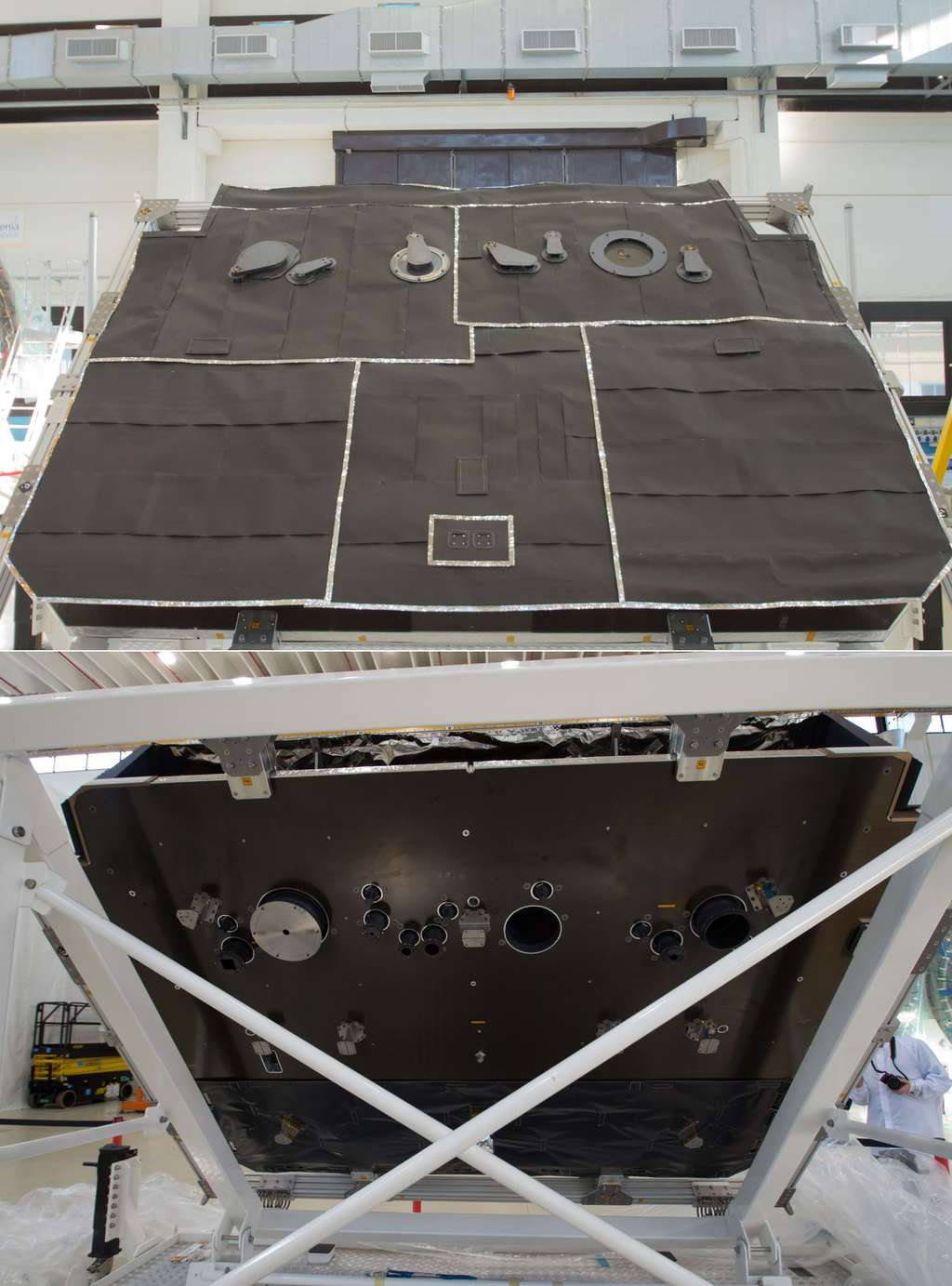 Les faces avant (en haut) et arrière du bouclier de la sonde Solar Orbiter. © Rémy Decourt