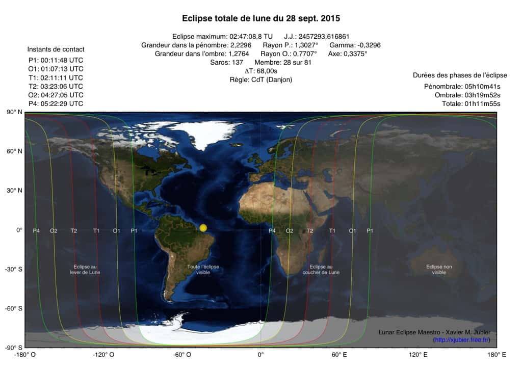 Carte de visibilité de l’éclipse totale de la super Lune du 27-28 septembre 2015. © <a title="Eclipse totale de Lune du 28 septembre 2015" target="_blank" href="http://xjubier.free.fr/site_pages/lunar_eclipses/TLE_20150928_pg01.html">Xavier M. Jubier</a>