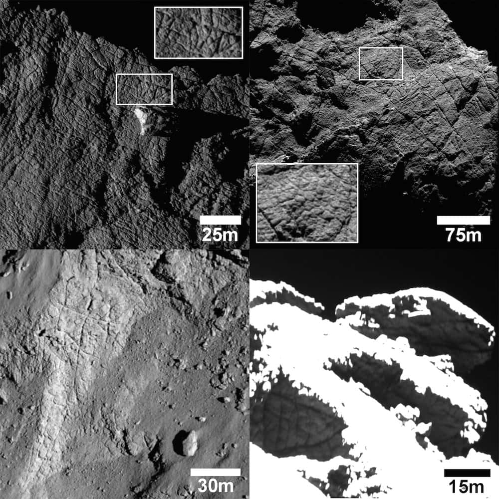 Quatre exemples de fractures avec motifs polygonaux, observées à différentes échelles sur le noyau de la comète  67P/Churyumov-Gerasimenko. Le premier encadré, en haut à gauche, montre un terrain situé dans la région Apis (proche d’Imhotep, sur le grand lobe). La largeur des polygones varie de 2 à 5 m. En haut, à droite, on distingue, dans la région d’Atum (sur un flanc du grand lobe), des fissures en expansion dont les plus longues s’étendent sur 250 m. À plus petite échelle, des lignes s’entrecroisent. L’image en bas, à gauche, montre de grandes fractures polygonales larges de 15 m avec des intersections octogonales, aux limites de la région Nut (petit lobe). En bas, à droite, des fractures ont été observées sur les reliefs situés à la croisée des régions Anubis et Atum, Ash et Seth. Retrouvez la position de ces régions sur la carte interactive de l’Esa : <a href="http://sci.esa.int/comet-viewer/" title="Comet Viewer" target="_blank">Comet-Viewer</a>. © Esa, Rosetta, <em>MPS for OSIRIS Team MPS</em>, UPD, LAM, IAA, SSO, INTA, UPM, DASP, IDA
